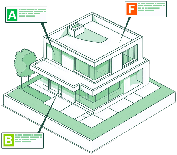 Illustration d'une maison avec des indications pour améliorer son DPE