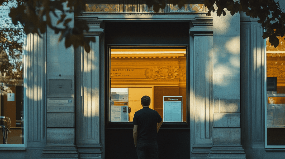 Personne lisant des affichages officiels sur la vitrine d'un bâtiment administratif, illustrant le nouvel arrêté DPE 2027