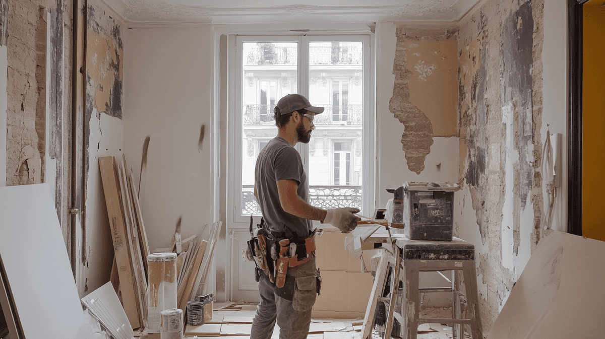 Artisan au travail dans un appartement en cours de rénovation, murs décapés et matériaux au sol, illustrant les travaux qu'un gain de classe DPE permet d'anticiper