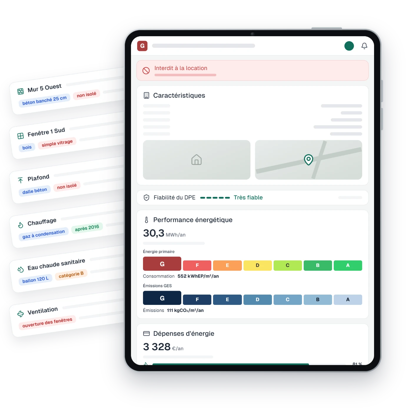 Analyse DPE sur DPEboost : classe G interdite à la location, échelles énergie et GES, et le détail de chaque paroi et équipement du bien