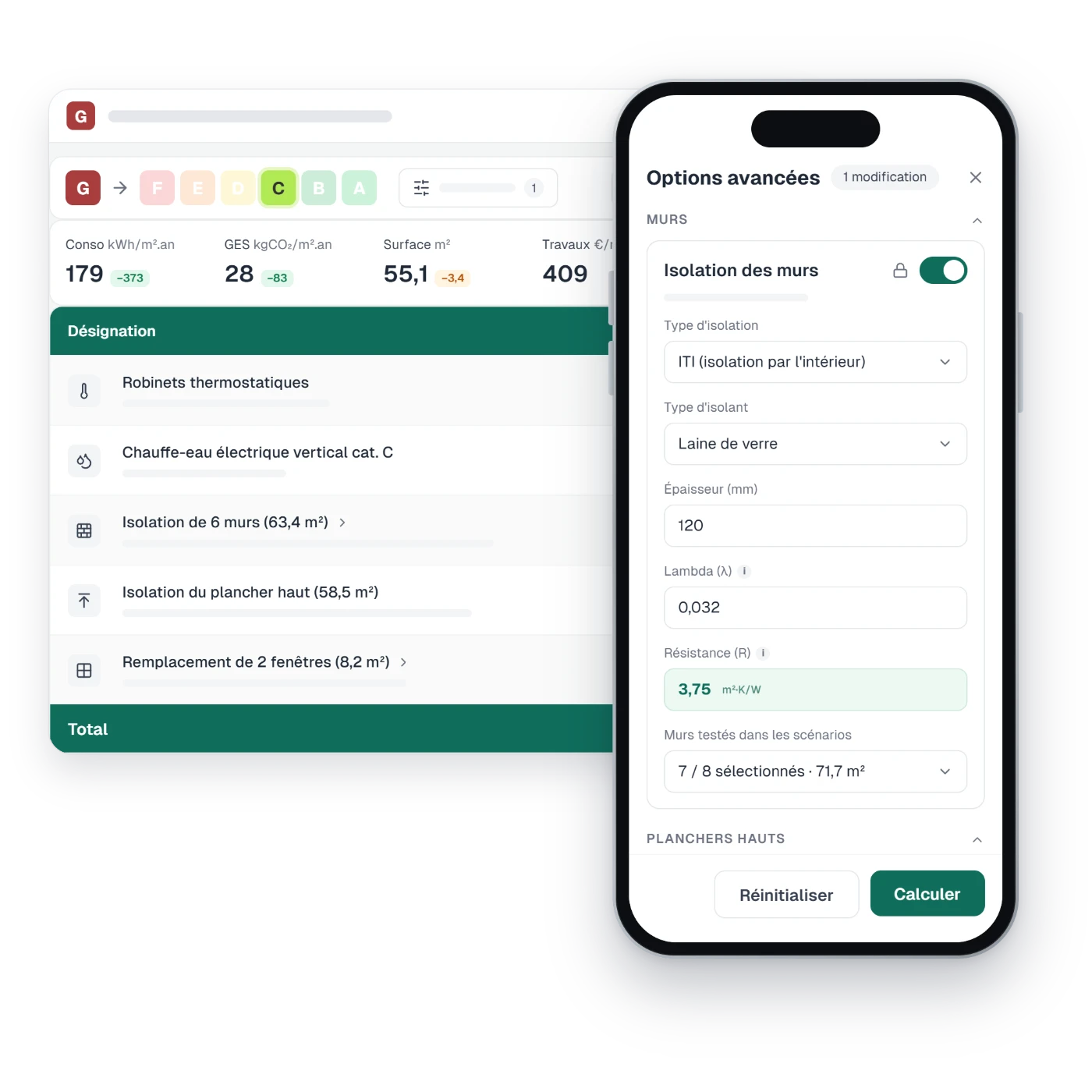 Simulation travaux sur DPEboost : le scénario chiffré et son volet d'options avancées, isolant, épaisseur, lambda et murs retenus